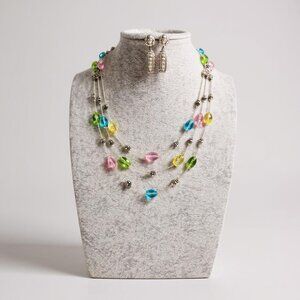 Three Layers multi color faceted glass bead silver tone finish  necklace set